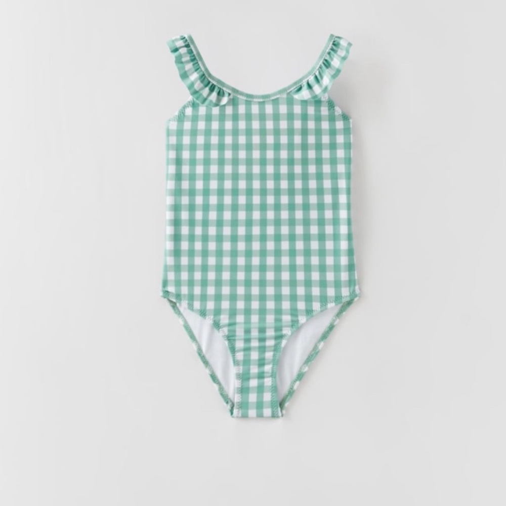 Zara Green and White Checkered Kids Swimsuit l Girls 9-10 l Barely Worn